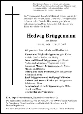 Traueranzeige von Hedwig Brüggemann von Tageszeitung