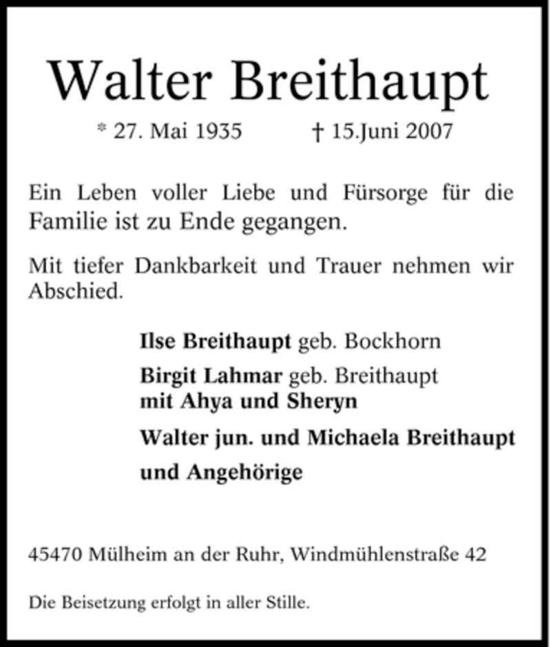  Traueranzeige für Walter Breithaupt vom 20.06.2007 aus Tageszeitung