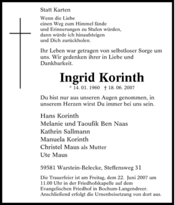 Traueranzeige von Ingrid Korinth von Tageszeitung