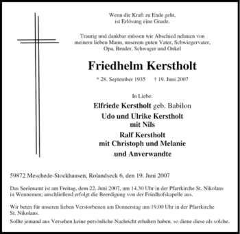 Traueranzeige von Friedhelm Kerstholt von Tageszeitung