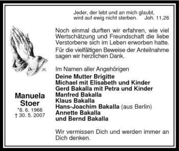 Traueranzeige von Manuela Stoer von Tageszeitung