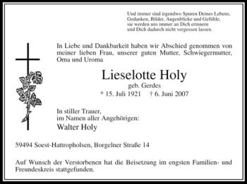 Traueranzeige von Lieselotte Holy von Tageszeitung