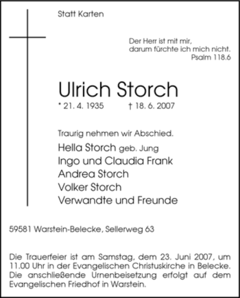 Traueranzeige von Ulrich Storch von Tageszeitung