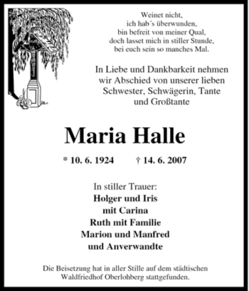 Traueranzeige von Maria Halle von Tageszeitung