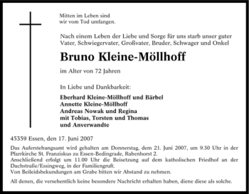Traueranzeige von Bruno Kleine-Möllhoff von Tageszeitung