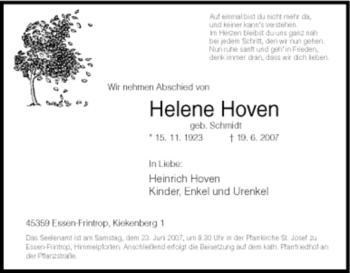 Traueranzeige von Helene Hoven von Tageszeitung