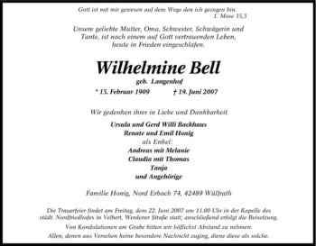 Traueranzeige von Wilhelmine Bell von Tageszeitung