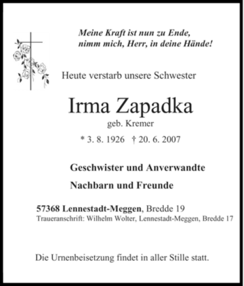 Traueranzeige von Irma Zapadka von Tageszeitung