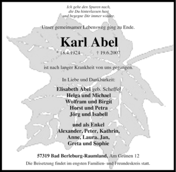 Traueranzeige von Karl Abel von Tageszeitung