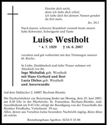 Traueranzeige von Luise Westholt von Tageszeitung