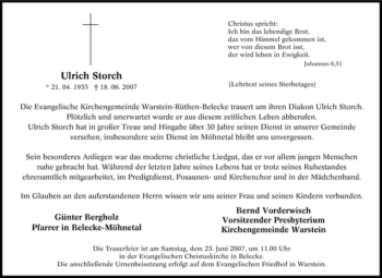 Traueranzeige von Ulrich Storch von Tageszeitung