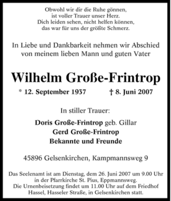 Traueranzeige von Wilhelm Große-Frintrop von Tageszeitung