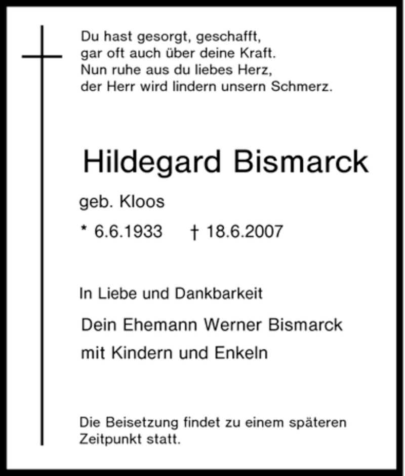  Traueranzeige für Hildegard Bismarck vom 21.06.2007 aus Tageszeitung