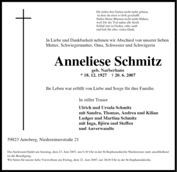 Traueranzeige von Anneliese Schmitz von Tageszeitung