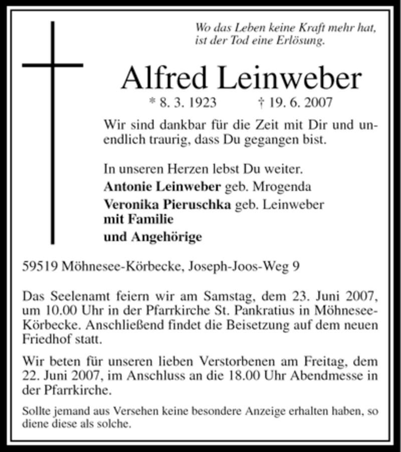  Traueranzeige für Alfred Leinweber vom 21.06.2007 aus Tageszeitung