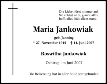 Traueranzeige von Maria Jankowiak von Tageszeitung