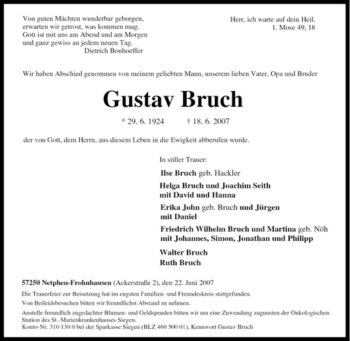 Traueranzeige von Gustav Bruch von Tageszeitung