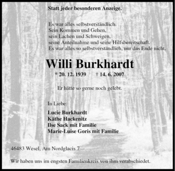 Traueranzeige von Willi Burkhardt von Tageszeitung