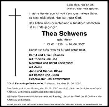 Traueranzeige von Thea Schwens von Tageszeitung