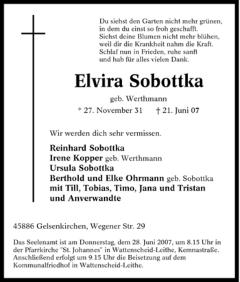 Traueranzeige von Elvira Sobottka von Tageszeitung