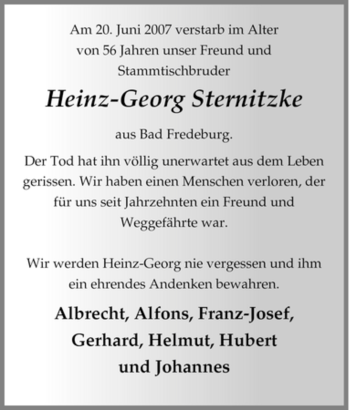 Traueranzeige von Heinz-Georg Sternitzke von Tageszeitung