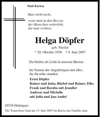 Traueranzeige von Helga Döpfer von Tageszeitung