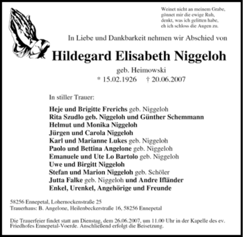Traueranzeige von Hildegard Niggeloh von Tageszeitung