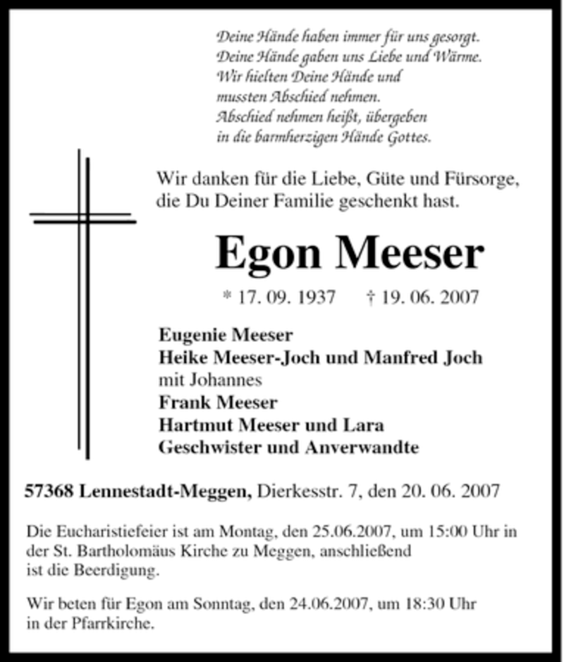  Traueranzeige für Egon Meeser vom 22.06.2007 aus Tageszeitung
