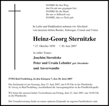 Traueranzeige von Heinz-Georg Sternitzke von Tageszeitung
