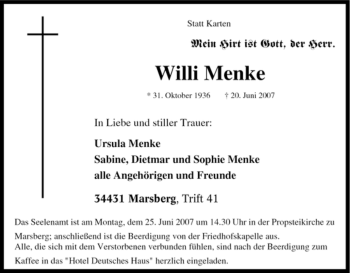 Traueranzeige von Willi Menke von Tageszeitung