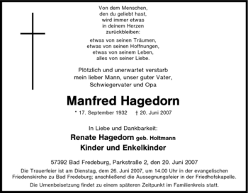 Traueranzeige von Manfred Hagedorn von Tageszeitung