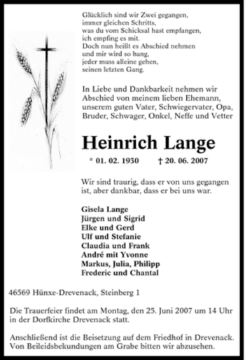 Traueranzeige von Heinrich Lange von Tageszeitung