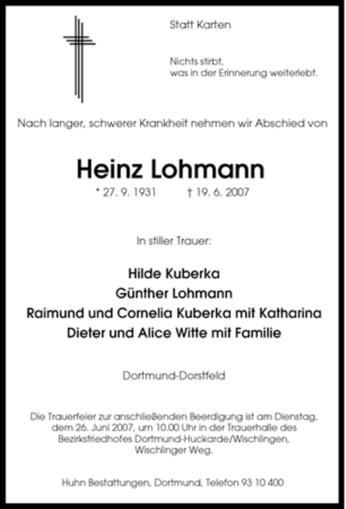  Traueranzeige für Heinz Lohmann vom 22.06.2007 aus Tageszeitung