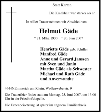 Traueranzeige von Helmut Gäde von Tageszeitung