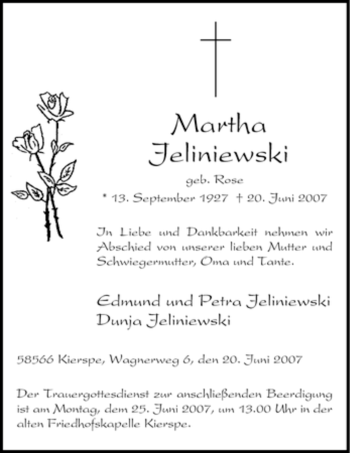 Traueranzeige von Martha Jeliniewski von Tageszeitung