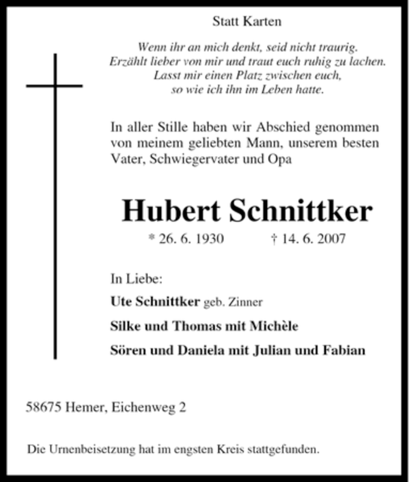  Traueranzeige für Hubert Schnittker vom 23.06.2007 aus Tageszeitung