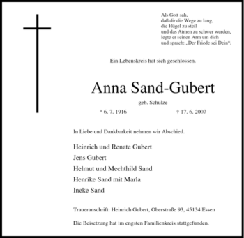 Traueranzeige von Anna Sand-Gubert von Tageszeitung