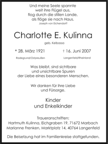 Traueranzeige von Charlotte E. Kulinna von Tageszeitung