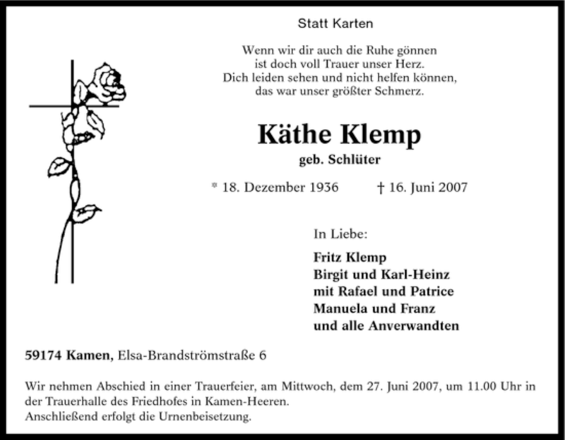  Traueranzeige für Käthe Klemp vom 23.06.2007 aus Tageszeitung