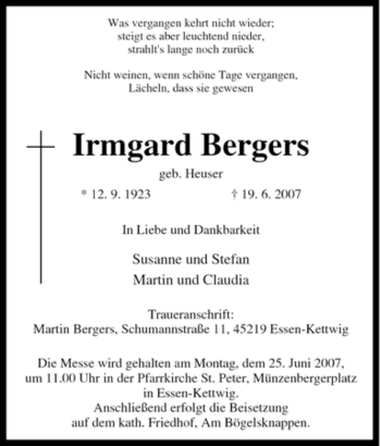 Traueranzeige von Irmgard Bergers von Tageszeitung