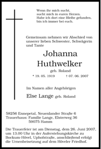 Traueranzeige von Johanna Huthwelker von Tageszeitung