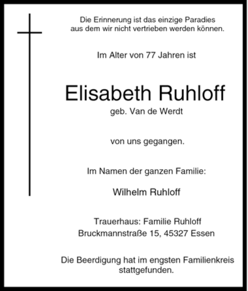  Traueranzeige für Elisabeth Ruhloff vom 23.06.2007 aus Tageszeitung