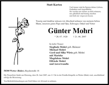 Traueranzeige von Günter Mohri von Tageszeitung