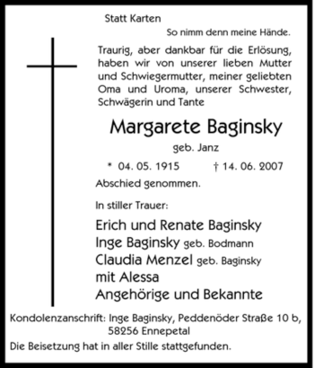 Traueranzeige von Margarete Baginsky von Tageszeitung