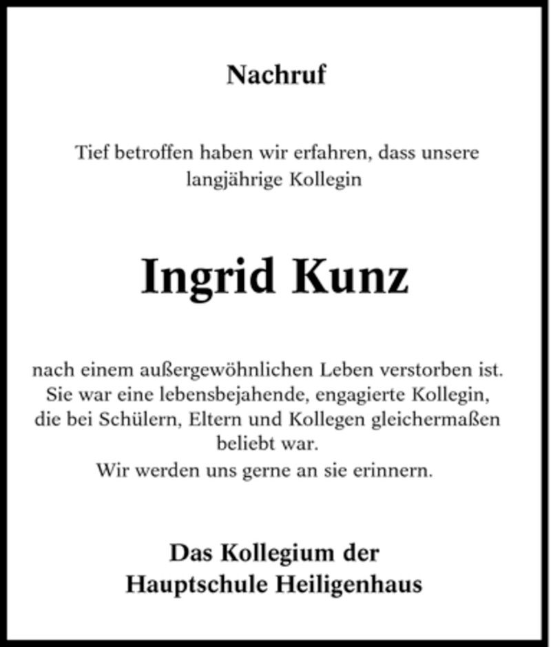  Traueranzeige für Ingrid Kunz vom 23.06.2007 aus Tageszeitung