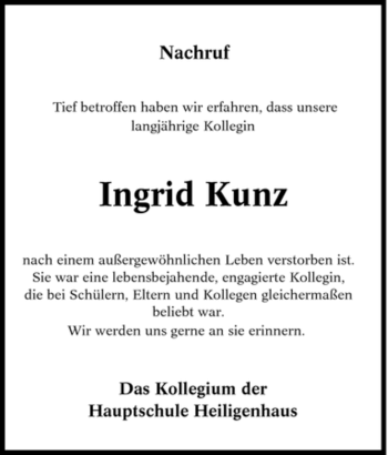 Traueranzeige von Ingrid Kunz von Tageszeitung
