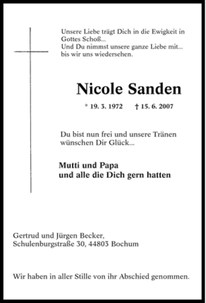  Traueranzeige für Nicole Sanden vom 23.06.2007 aus Tageszeitung