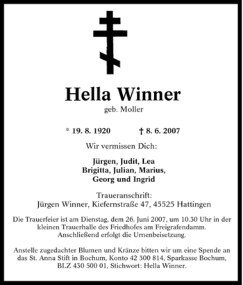 Traueranzeige von Hella Winner von Tageszeitung