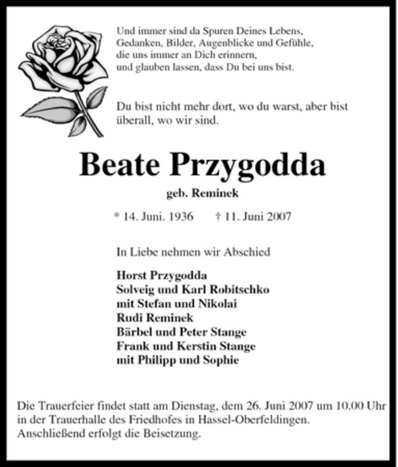  Traueranzeige für Beate Przygodda vom 23.06.2007 aus Tageszeitung
