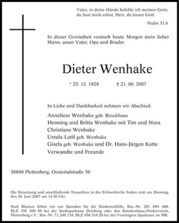 Traueranzeige von Dieter Wenhake von Tageszeitung